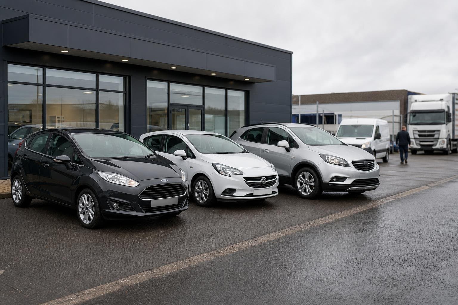 Compact hire cars parked at a modern vehicle hire site in Middlesbrough