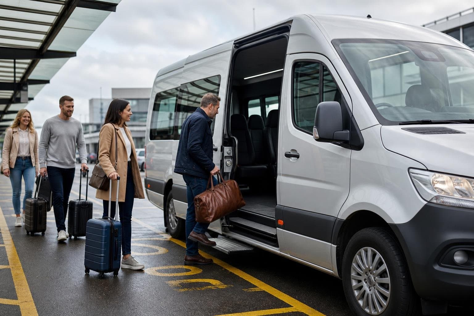Modern hire minibus collecting passengers with luggage for a group trip