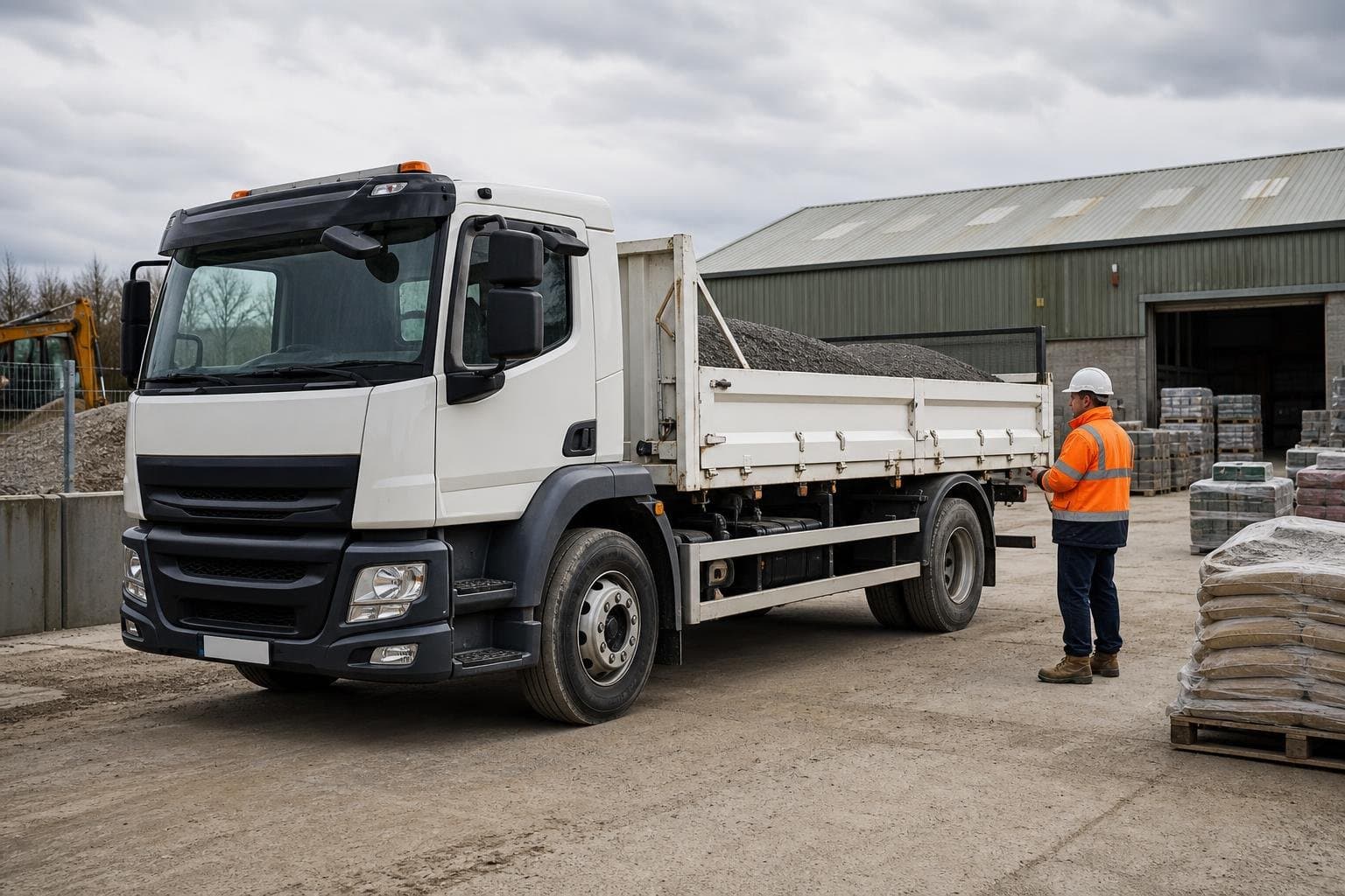 Commercial hire truck parked at a practical worksite for deliveries