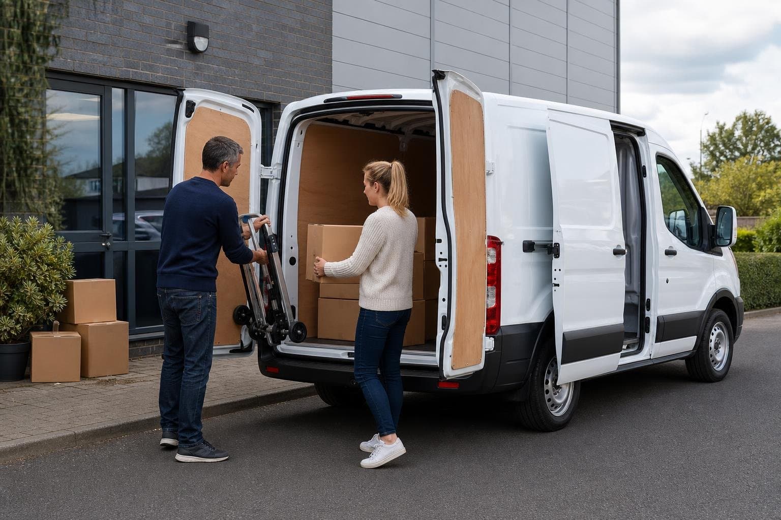Medium hire van being loaded with boxes for a local move